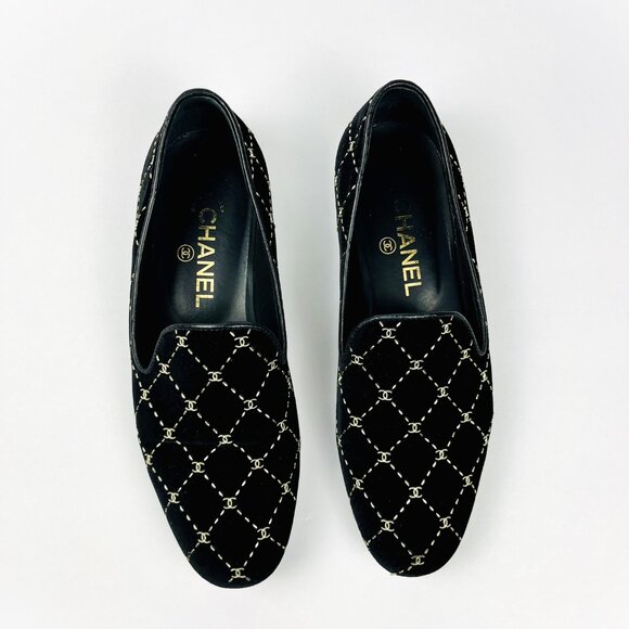 Chanel CC Logo Velvet Moccasin Loafers Black - Picture 12 of 12